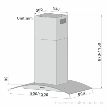 90 cm traditionell gebogene Glas Island Hood 803